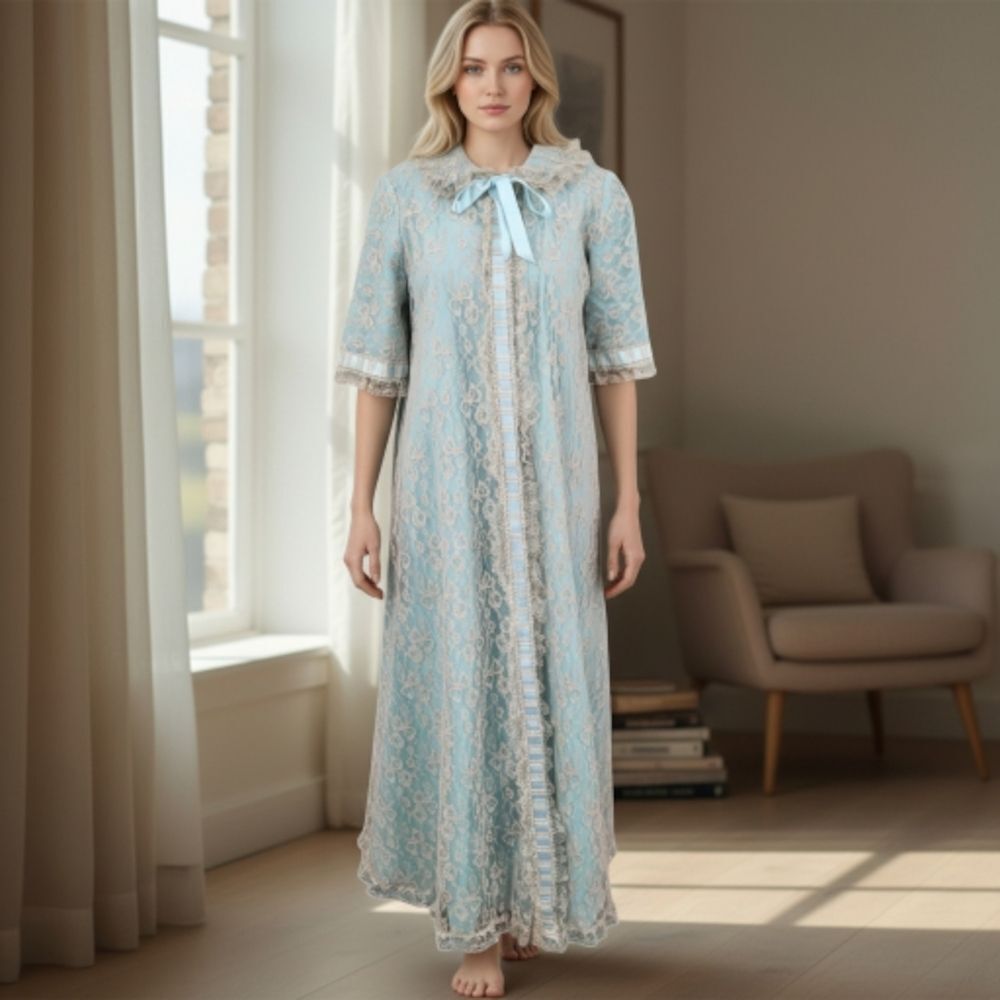 Odette Barsa full-length Housecoat Lace Peignoir Blue Cream Lace Rare Find